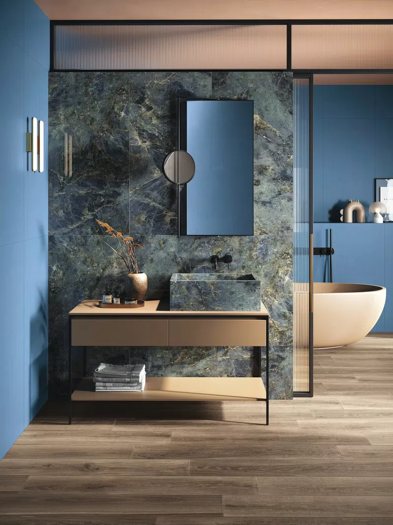 SENSI SIGNORIA LABRADORITE 60X120 LUX + WIDE&STYLE MINI WHALE 60X120 + ECO CHIC BROWN 20X170