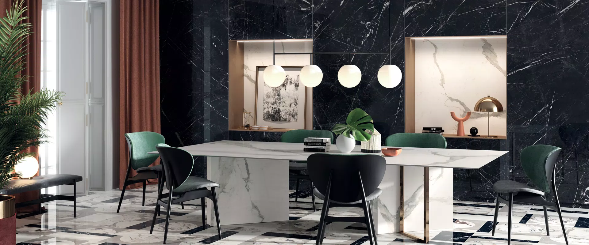 White, black, grey tones for the marble-effect tiles of the Sensi Up collection by ABK.