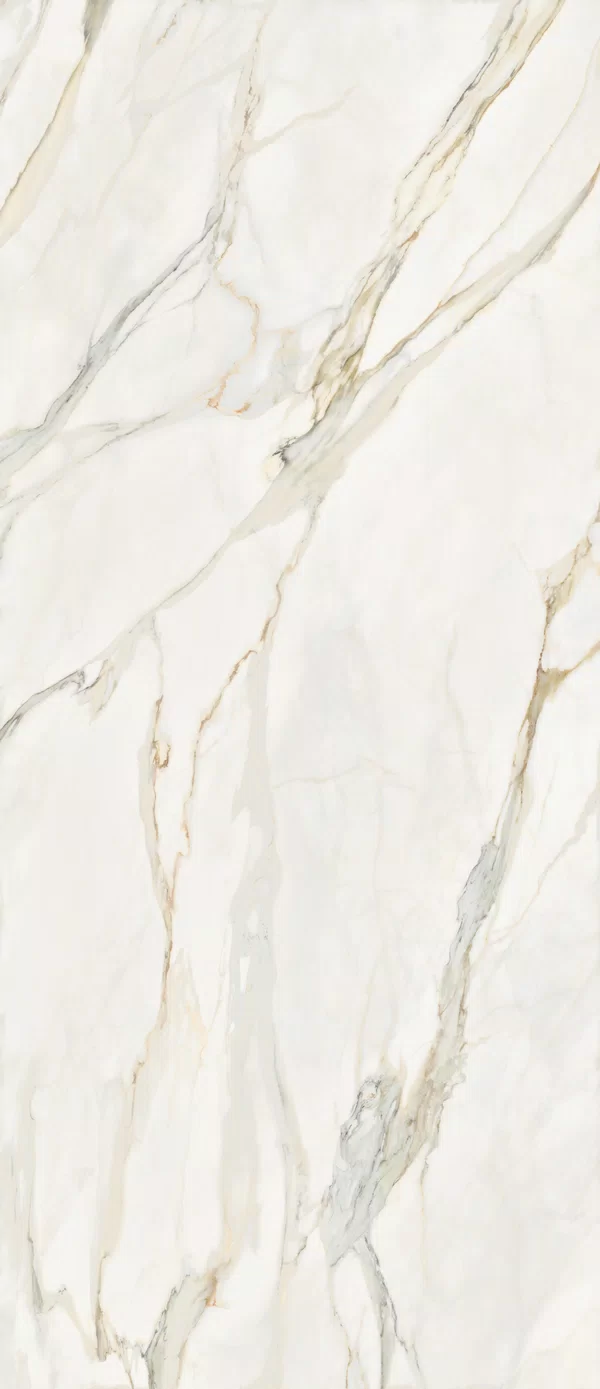 Sensi Signoria Calacatta Michelangelo tile by ABK in white, Lux finish, 120x280, 6 mm thickness.