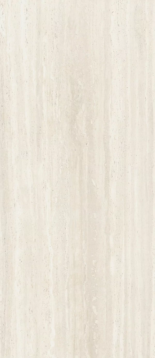 Piastrella Dorica Travertino Ivory Vein di Gardenia&Ariana in bianco, finitura Nat P.tech, 120x280, spessore 6 mm.