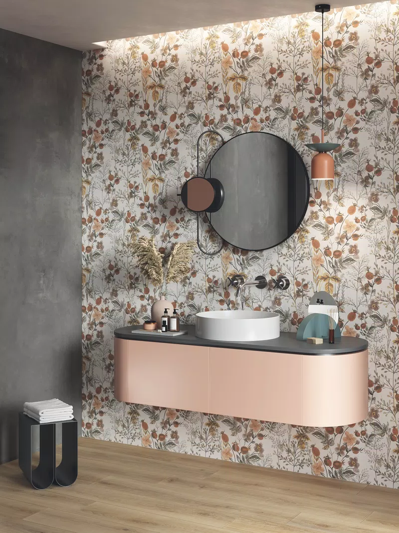 Decorative and solid color effect tiles in multicolour, blue, pink tones, from the Wide&Style Mini collection by ABK.