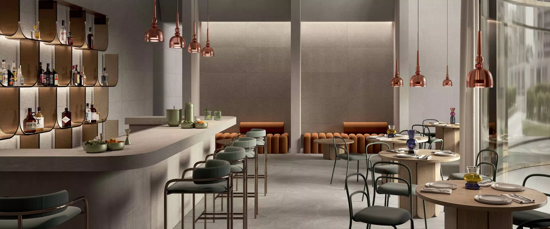 White, beige, grey tones for the stone-effect tiles of the Falaise collection by Gardenia&Ariana.