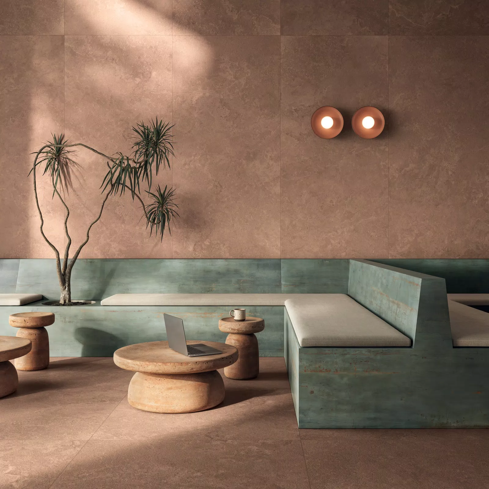 Midi collection by Flaviker: stone-effect tiles in beige, grey, white tones.