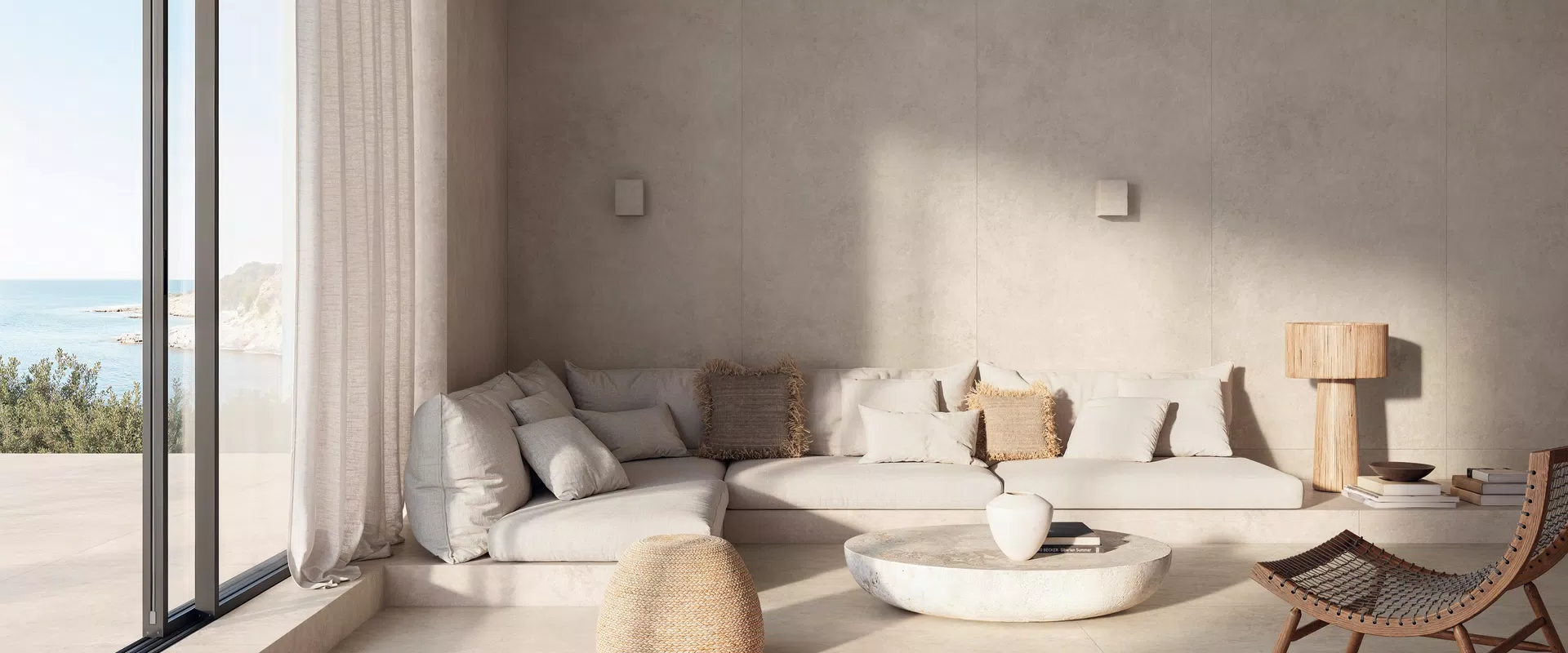 Midi collection by Flaviker: stone-effect tiles in beige, grey, white tones.