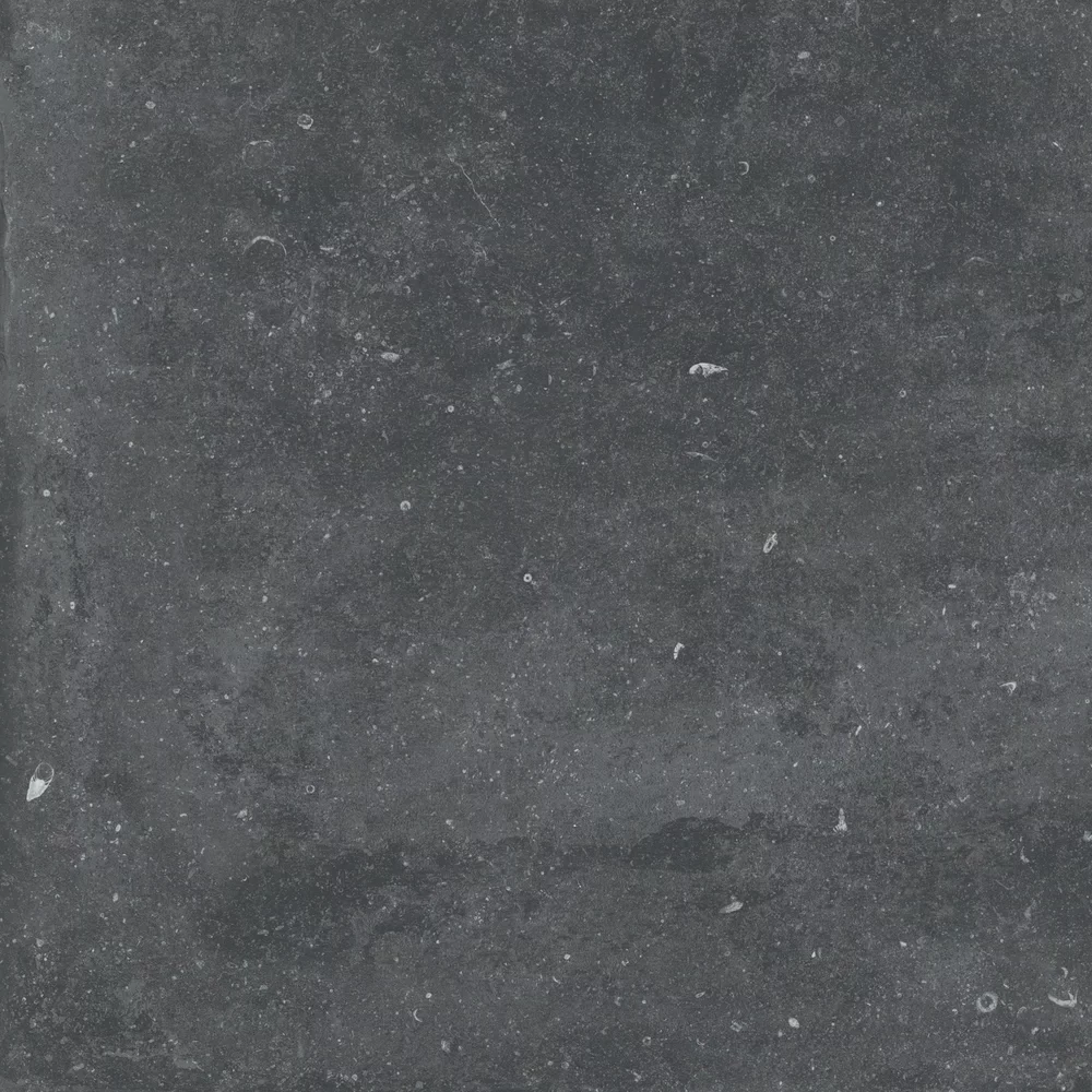 Black Plein Air tile, stone effect, 80x80, R11 finish.