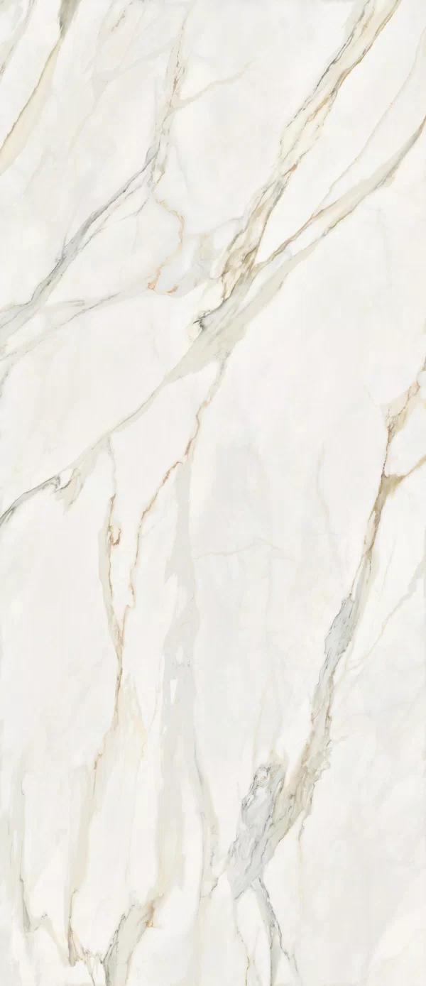 Marble-effect White tile from the La Marmoteca collection by Gardenia&Ariana, size 120x280, Lux finish, Rettificato edges.