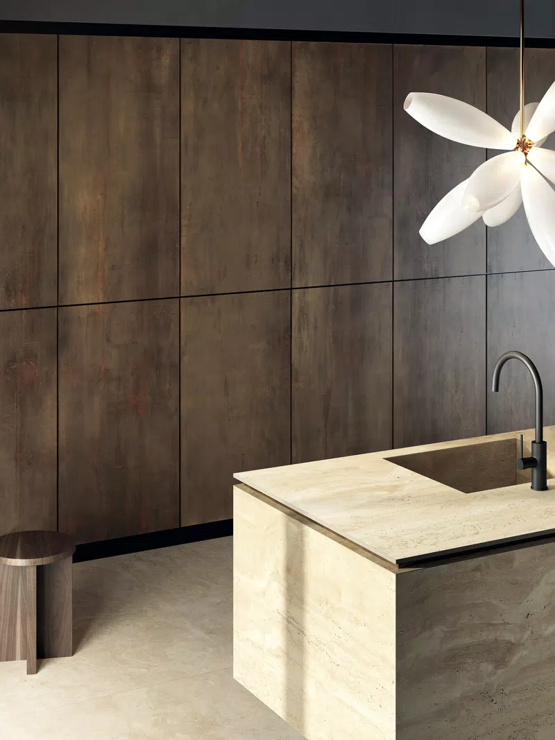 MATERIA TRAVERTINO NAVONA HONEY  + REBEL BRONZE 120X280 + NAVONA HONEY CROSS 60X120__