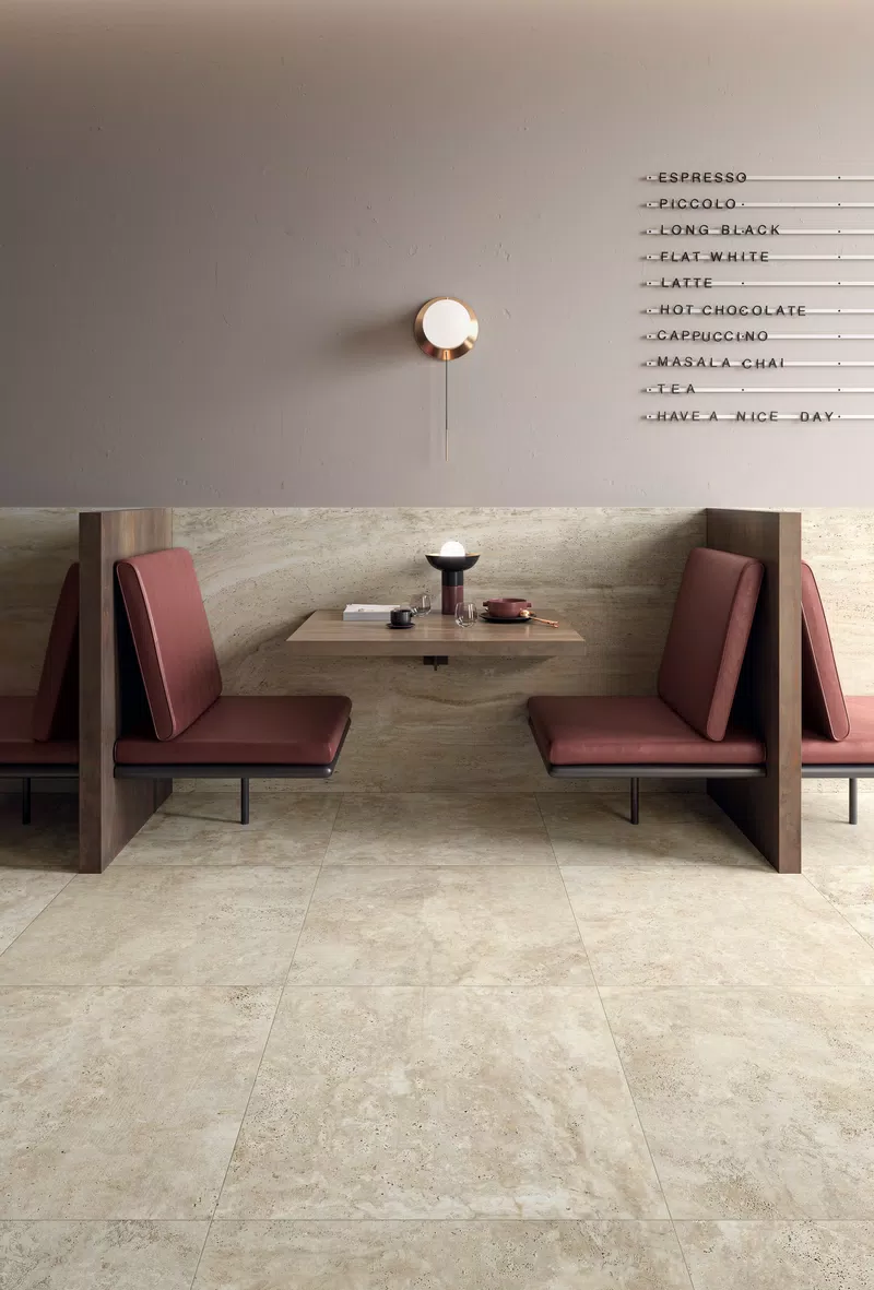 Navona collection by Flaviker: marble-effect tiles in beige, grey tones.