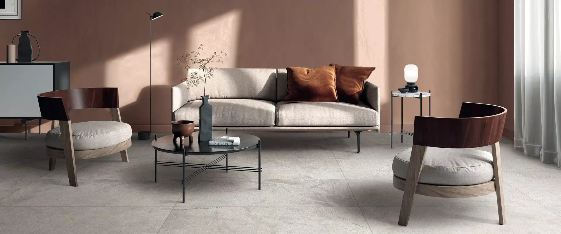 Beige, grey, white tones for the stone-effect tiles of the Atlantis collection by ABK.