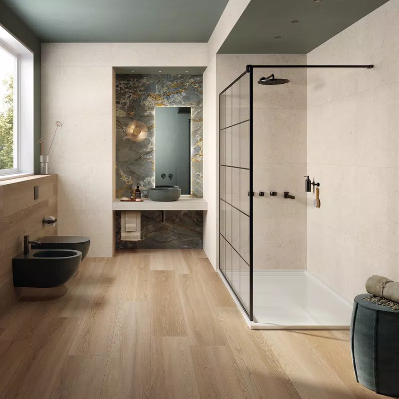 29 POETRY STONE TRANI IVORY 60X120+SENSI SIGNORIA ROMA IMPERIALE NAT 60X120+POETRY WOOD GOLD 26,5X180