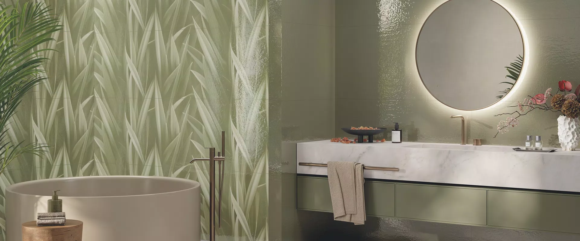 Collezione Glace' di ABK: piastrelle effetto contemporaneo nei toni beige, bianco, marrone.