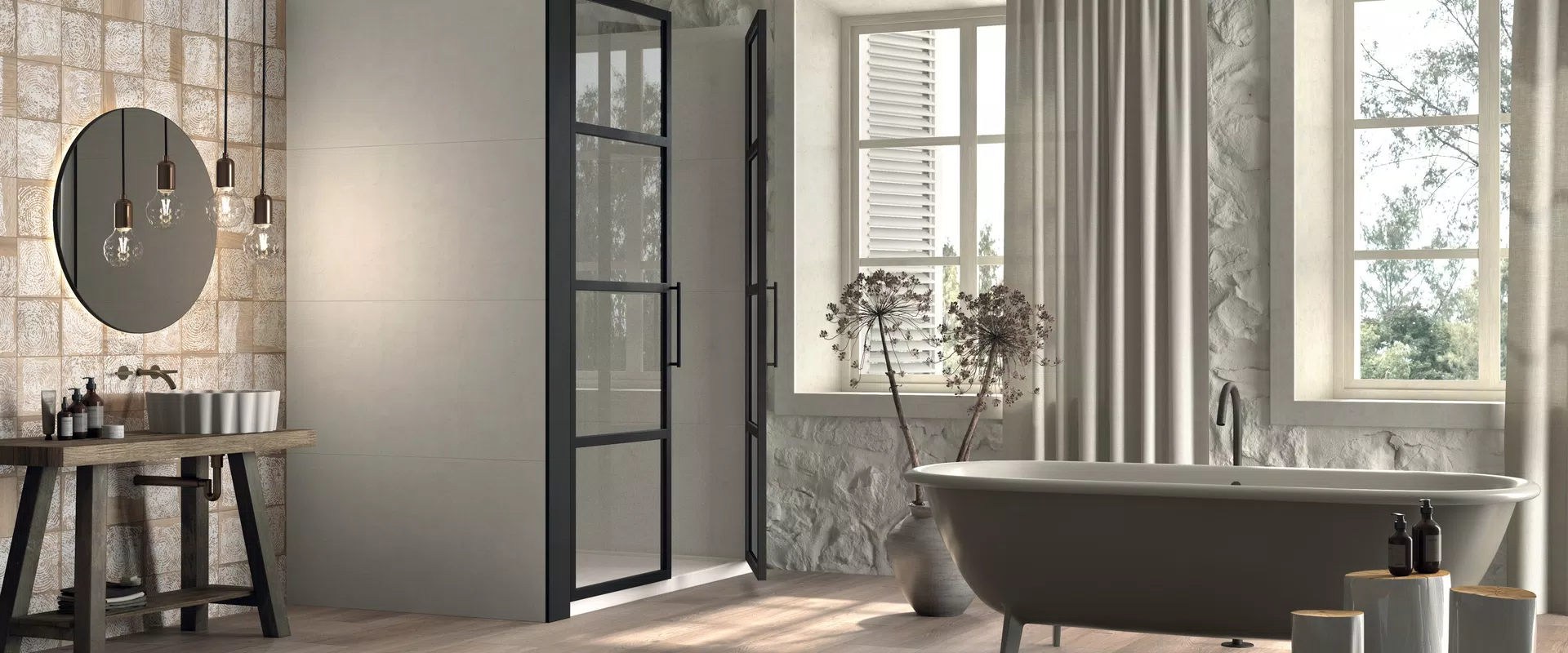 Wood-effect tiles in beige, brown tones, from the Poetry Wood collection by ABK.