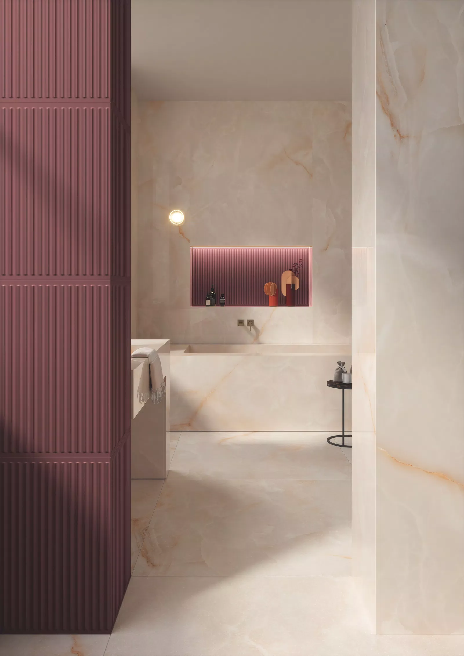 Marble-effect tiles in beige, white, green tones, from the Eterea collection by Gardenia&Ariana.