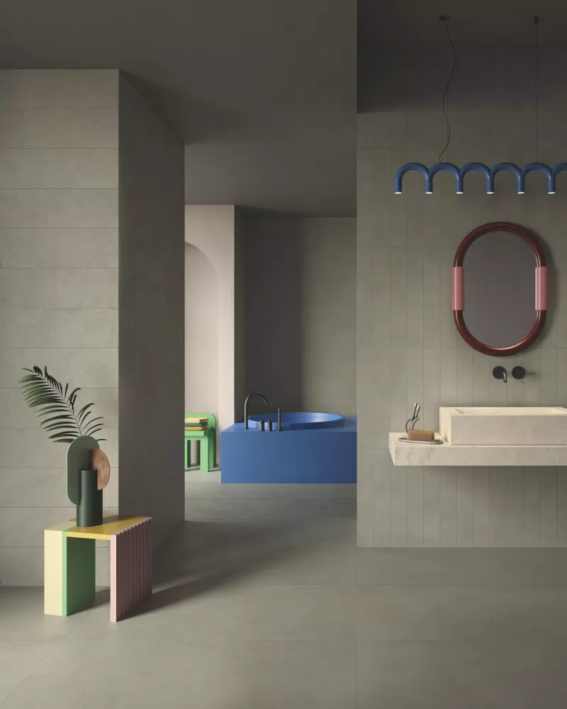 E_01 I PIGMENTI MUD 120X280 + 60X120 + 20X120 + 10X60 + DORICA TRAVERTINO IVORY CROSS 120X280