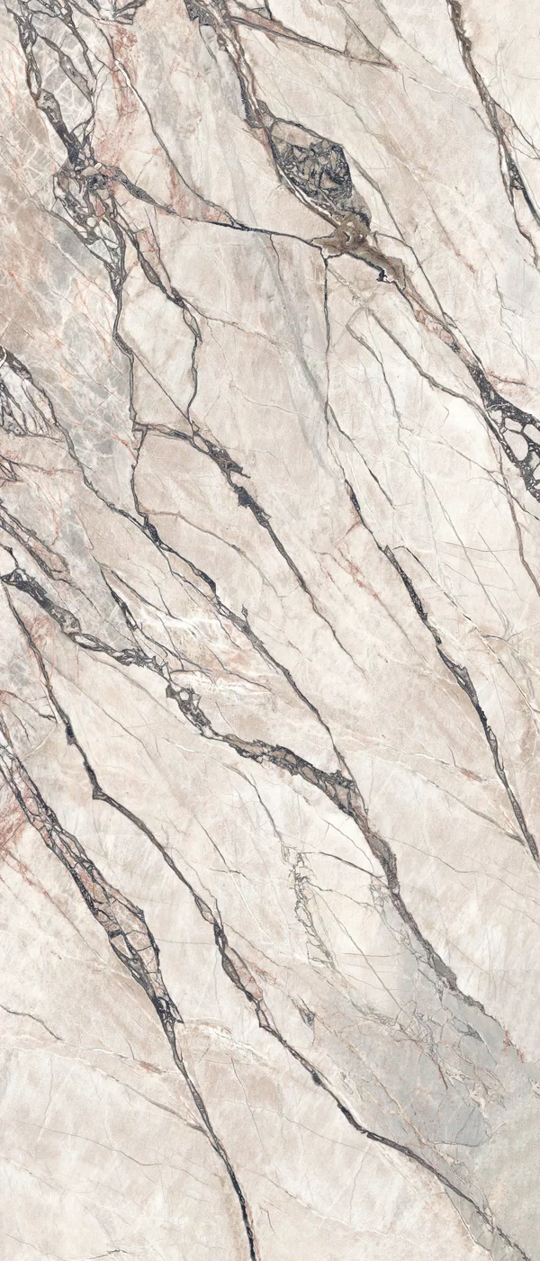 Piastrella Supreme Hedonism Quarzite Sky di Flaviker in bianco, finitura Lux 3D, 120x280, spessore 6 mm.