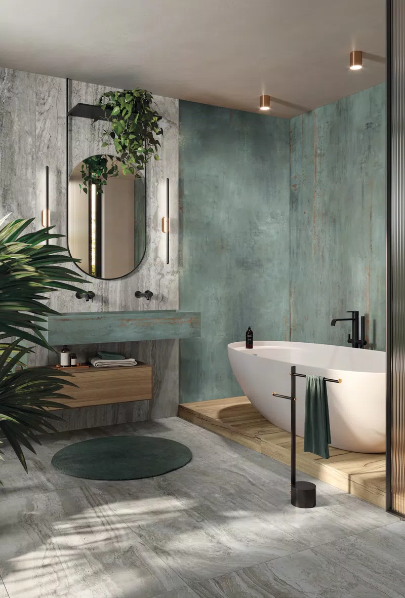 NAVONA GREY VEIN 120X280, 60X120 + REBEL EMERALD 120X280 + NORDIK WOOD GOLD 20X120