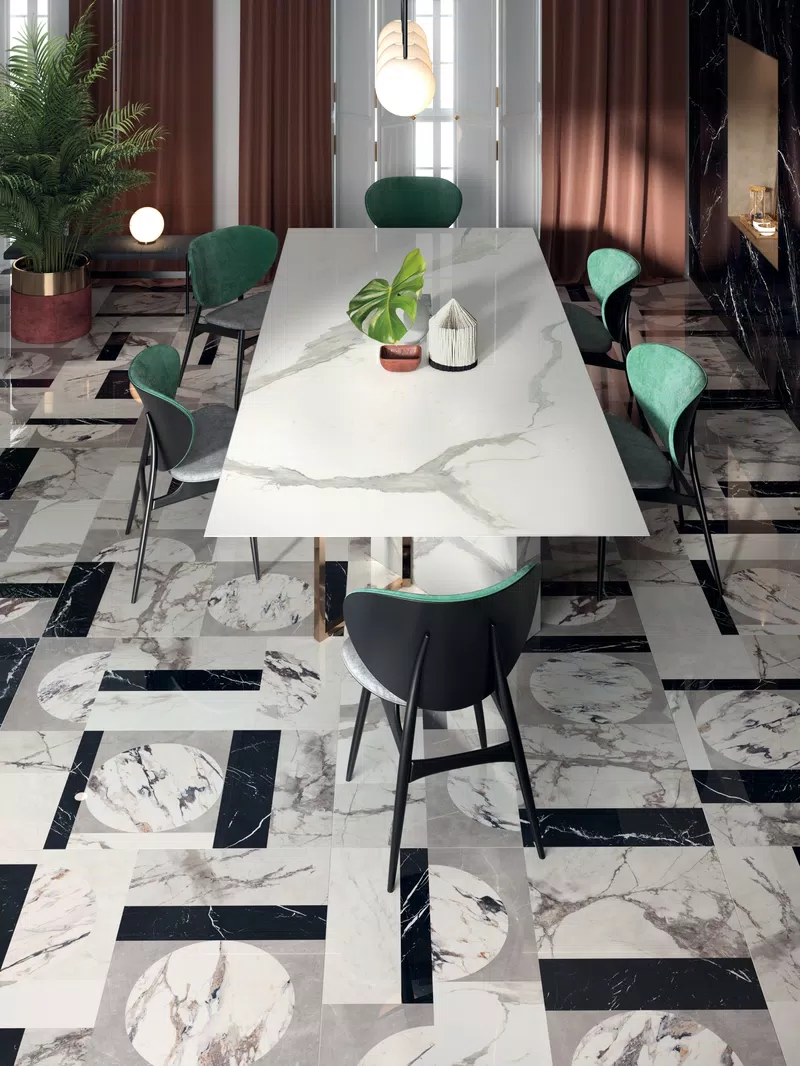 SENSI UP MARQUINIA SELECT LUX+ 120x270 + STATUARIO VERSILIA LUX+ 160x320 12 mm + INTARSIA LUX+ 120x120