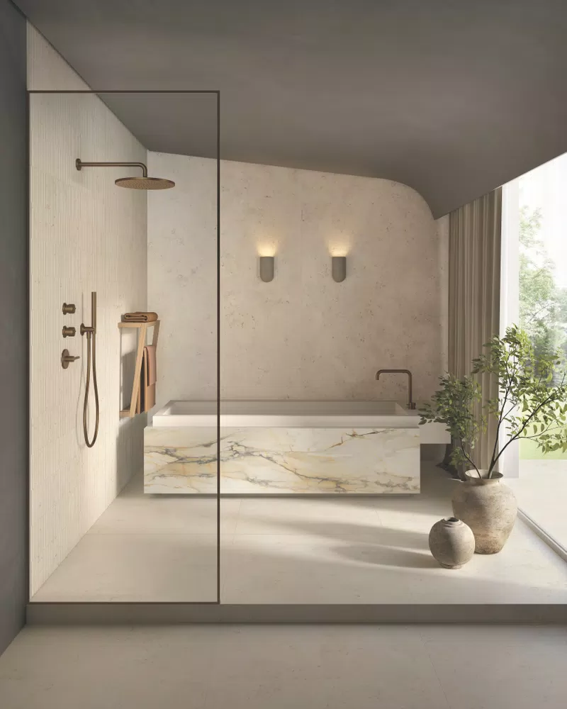 C_01 BOURGOGNE BEIGE 120X120 120X280 + PLISSE' BOURGOGNE BEIGE 60X120 + LA MARMOTECA ANTIQUE BROWN SOFT 120X280