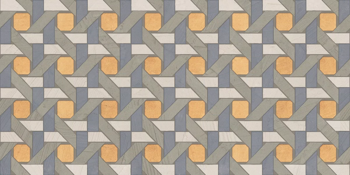 I Pigmenti Rattan tile by Gardenia&Ariana in multicolour, Nat 3D finish, 60x120, 8.5 mm thickness.