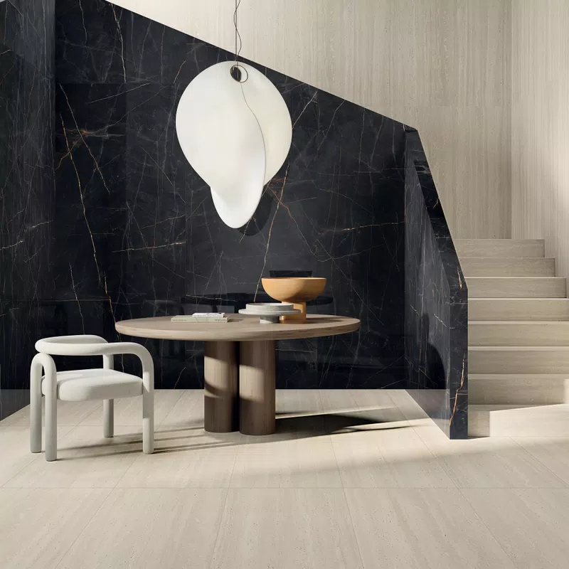 Marble-effect tiles in white, black, beige tones, from the Sensi 900 collection by ABK.