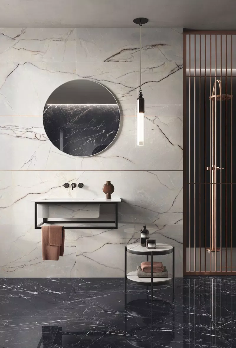 SUPREME TREASURE greylac platinum lux 60x120_supreme evo classic marquinia lux 60x120_mat. all.rame scuro_chrome black soft 120x280