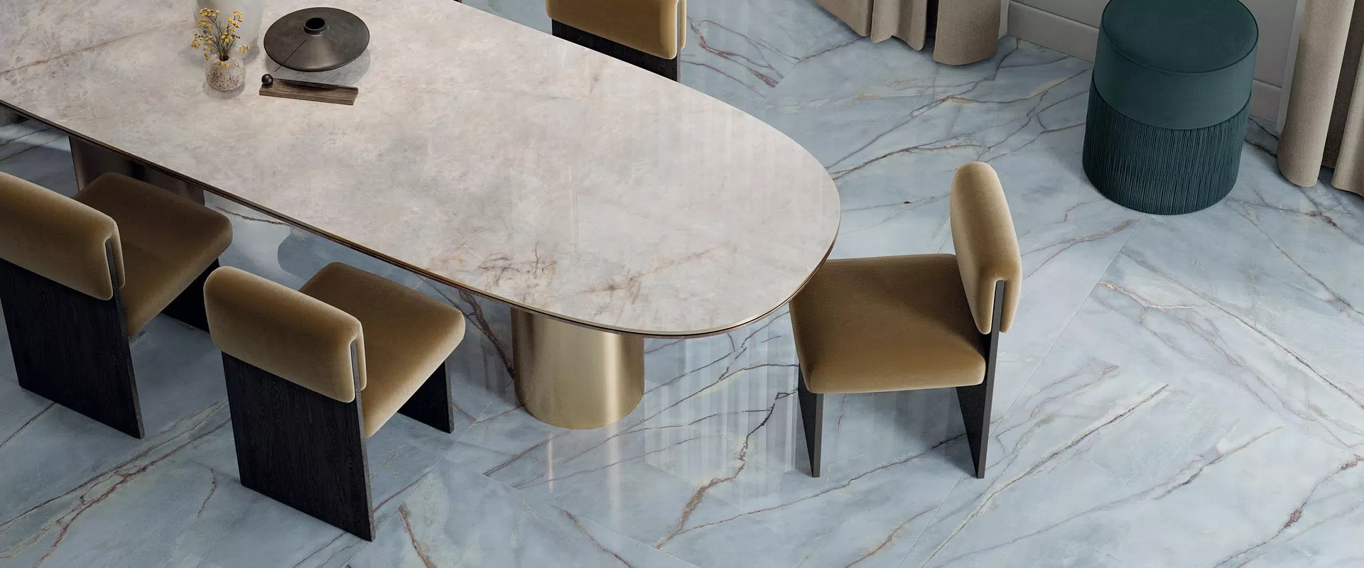 Carreaux effet marbre dans les tons gris, blanc, vert, de la collection Sensi Nuance par ABK.