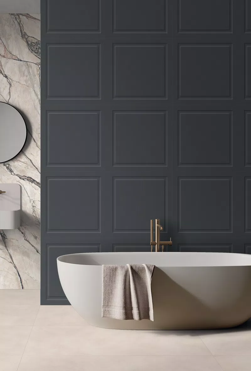 03 BOISERIE SQUARE DARK 60X120+QUARZITE SKY SOFT3D 120X280+PALETTE SAND 60X120