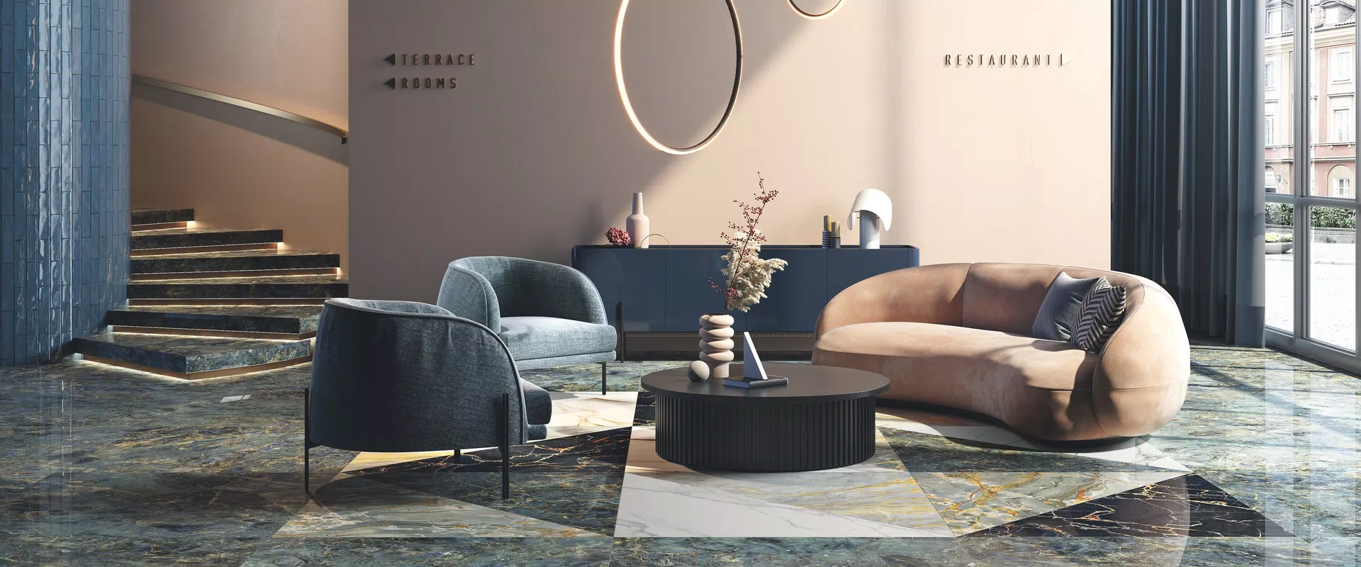 Piastrelle effetto marmo nei toni bianco, blu, nero, dalla collezione Sensi Signoria di ABK.