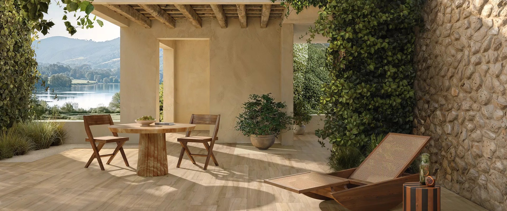 Tons beige, gris, blanc pour les carreaux en céramique de la collection Plein Air par Gardenia&Ariana.