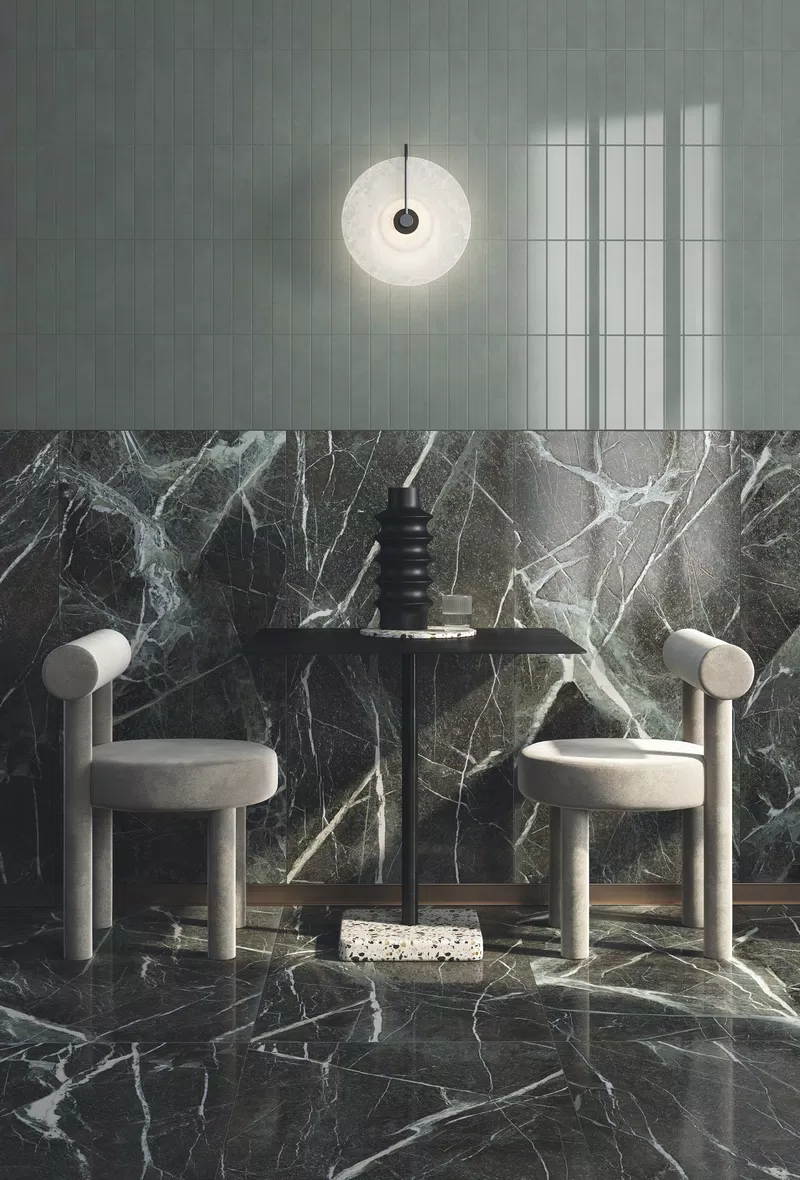 Tons blanc, beige, gris pour les carreaux effet marbre de la collection Epoque 2.0 par Gardenia&Ariana.