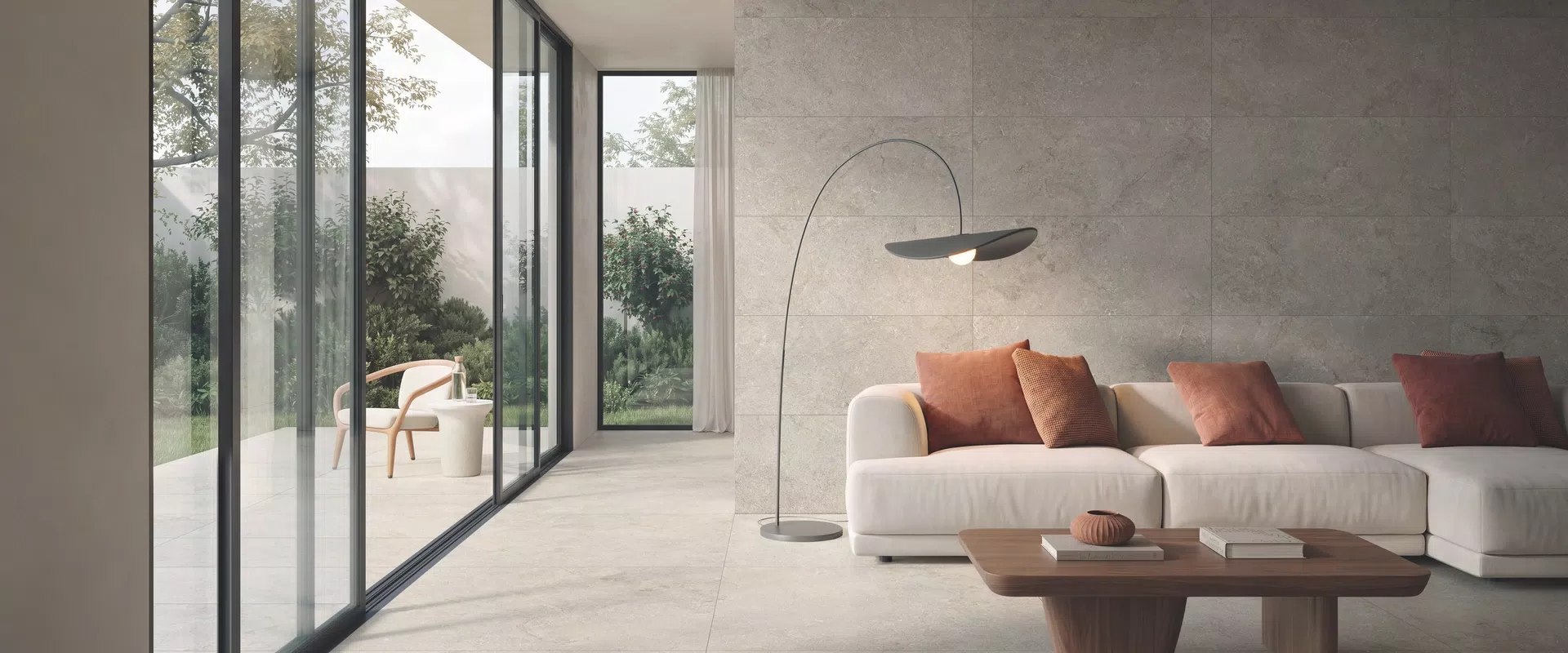 Toni beige, bianco, grigio per le piastrelle effetto pietra della collezione Magma di Flaviker.