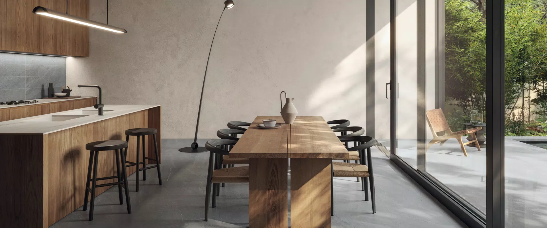 Stone-effect tiles in grey, beige, white tones, from the Rockin’ collection by Flaviker.