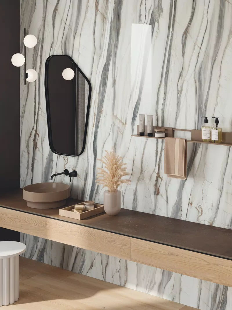ABKSTONE INTERNO 9 RUST 12MM +SENSI 900 OYSTER WHITE LUX R.120X280+POETRY WOOD GOLD N.R.20X120