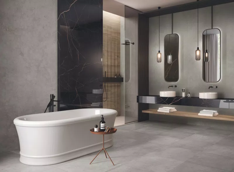 HYPER GREY 120X280+60X60+SUPREME NOIR LAUR.LUX+MATERIA NOIR LAUR. LUX+COZY BROWN 20X120+26X200