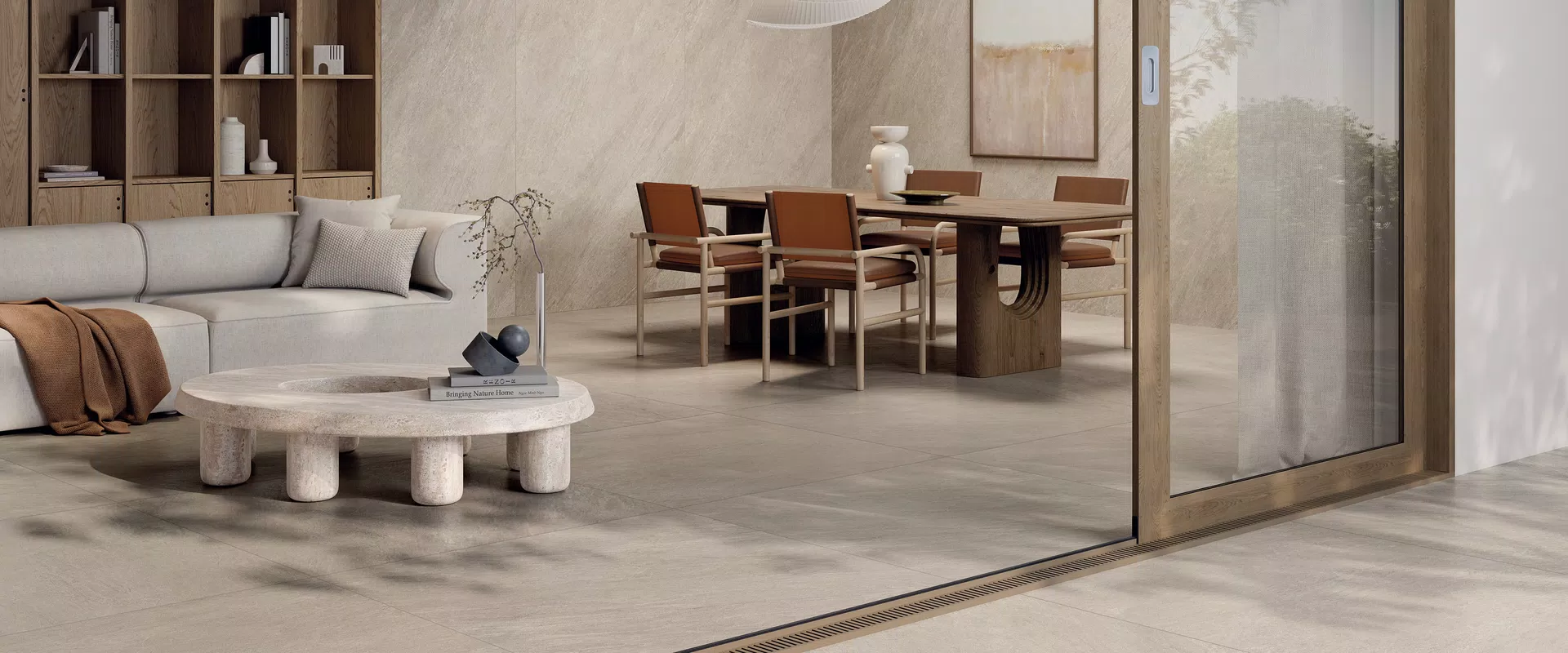 Stone-effect tiles in beige, grey, white tones, from the Cliff collection by ABK.