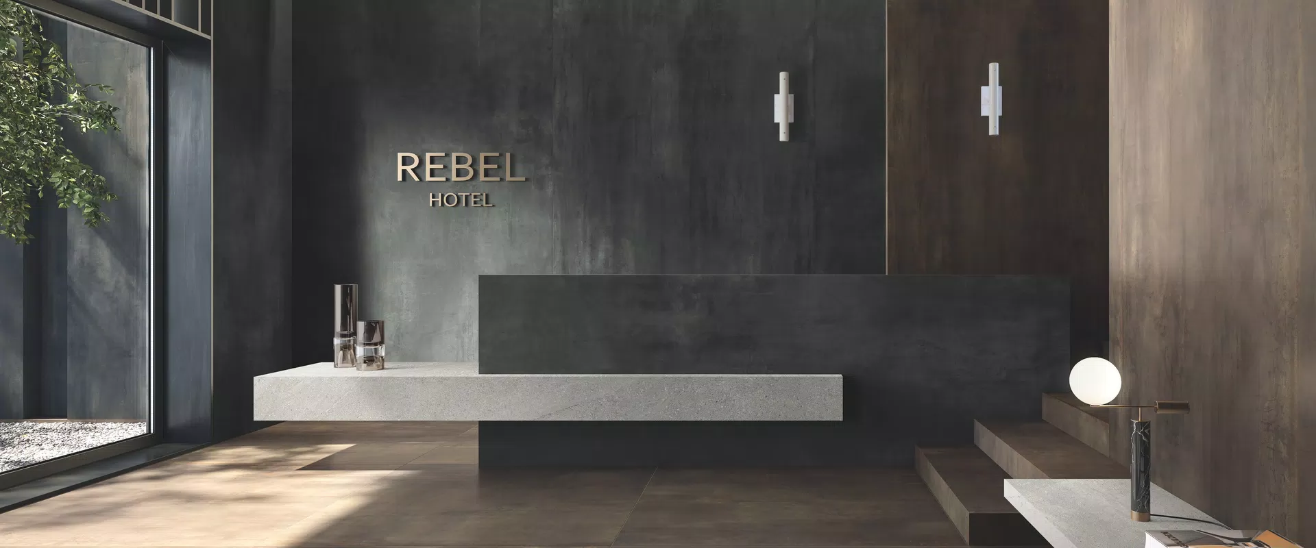 Rebel collection by Flaviker: metal-effect tiles in grey, black, brown tones.