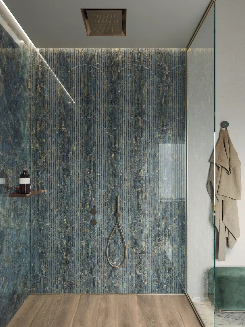 SENSI SIGNORIA labradorite lux 120x280_mos. ventaglio labradorite lux_eco chic avana 20x120_