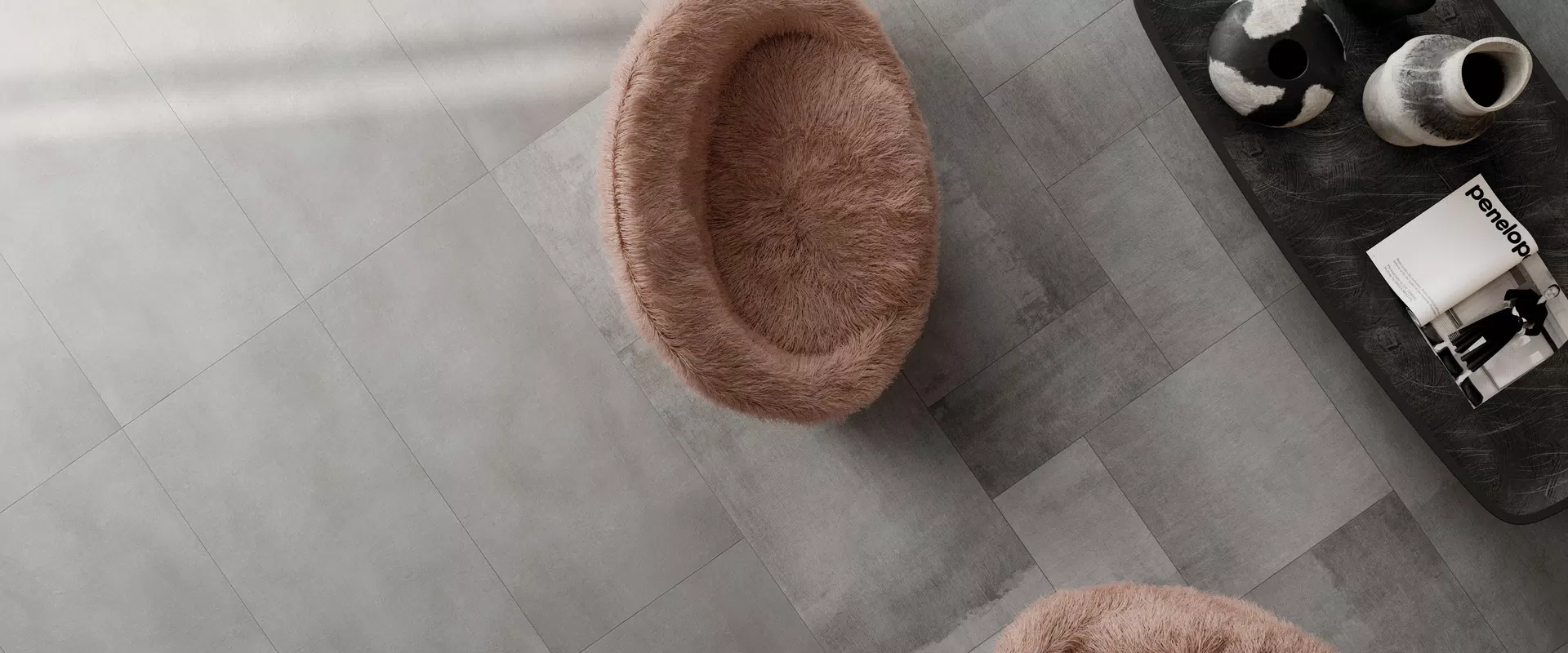 Grey, beige, white tones for the contemporary-effect tiles of the Poetry Net collection by ABK.