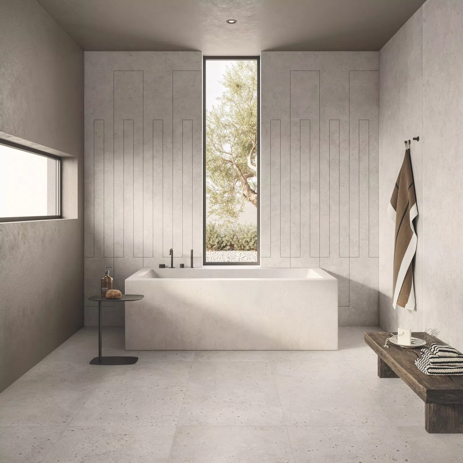 Toni beige, bianco, grigio per le piastrelle effetto cemento della collezione Cosmopolitan di Flaviker.