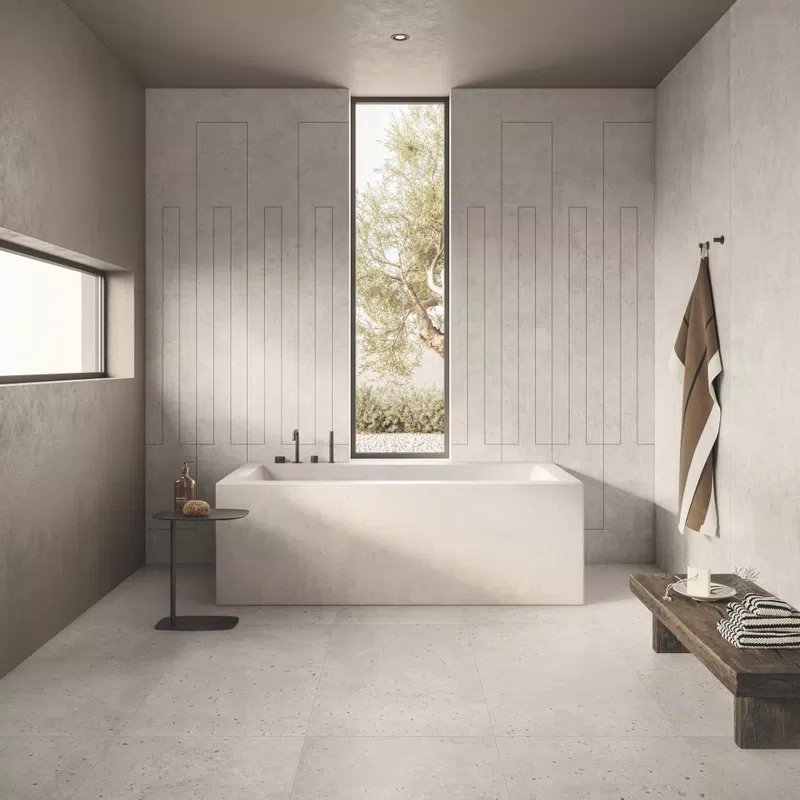 Toni beige, bianco, grigio per le piastrelle effetto cemento della collezione Cosmopolitan di Flaviker.