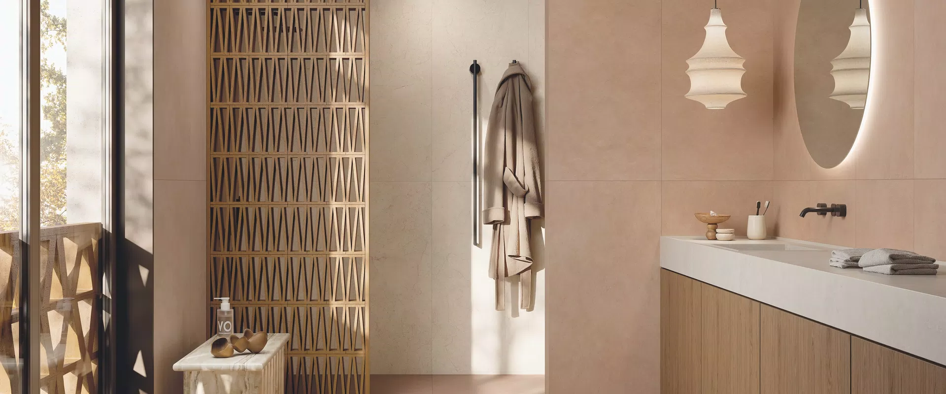Piastrelle effetto cotto e pietra nei toni beige, bianco, dalla collezione Shape di ABK.