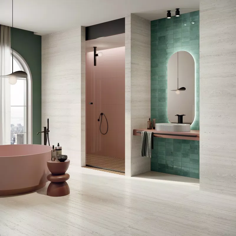 Collection Sensi Roma par ABK : carreaux effet marbre et pierre dans les tons blanc, beige, rouge.