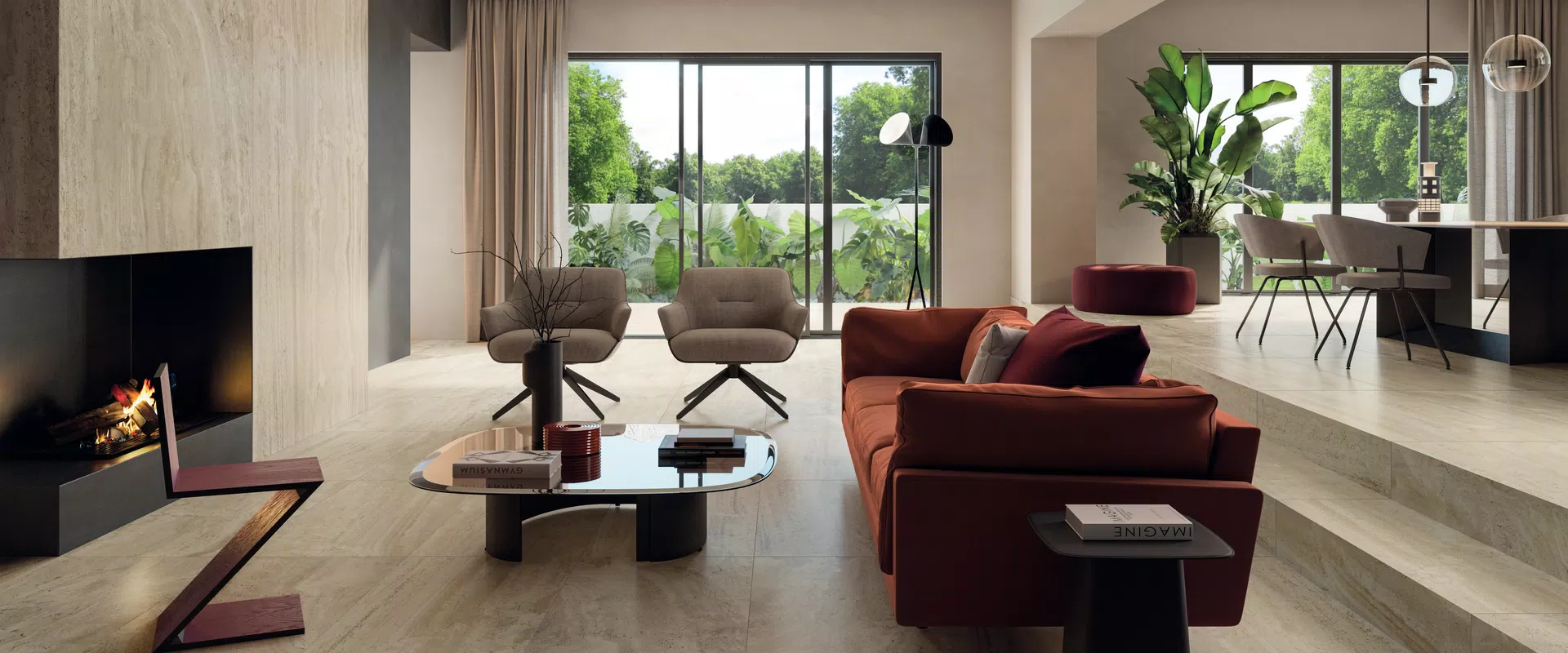 Collezione Navona di Flaviker: piastrelle effetto marmo nei toni beige, grigio.