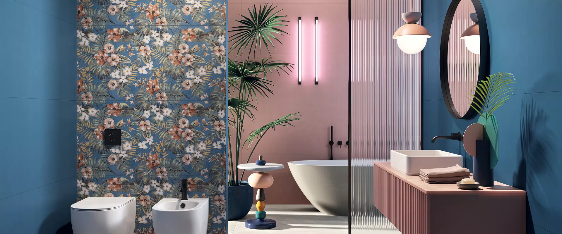 Piastrelle effetto decor e tinta unita nei toni multicolore, blu, rosa, dalla collezione Wide&Style Mini di ABK.