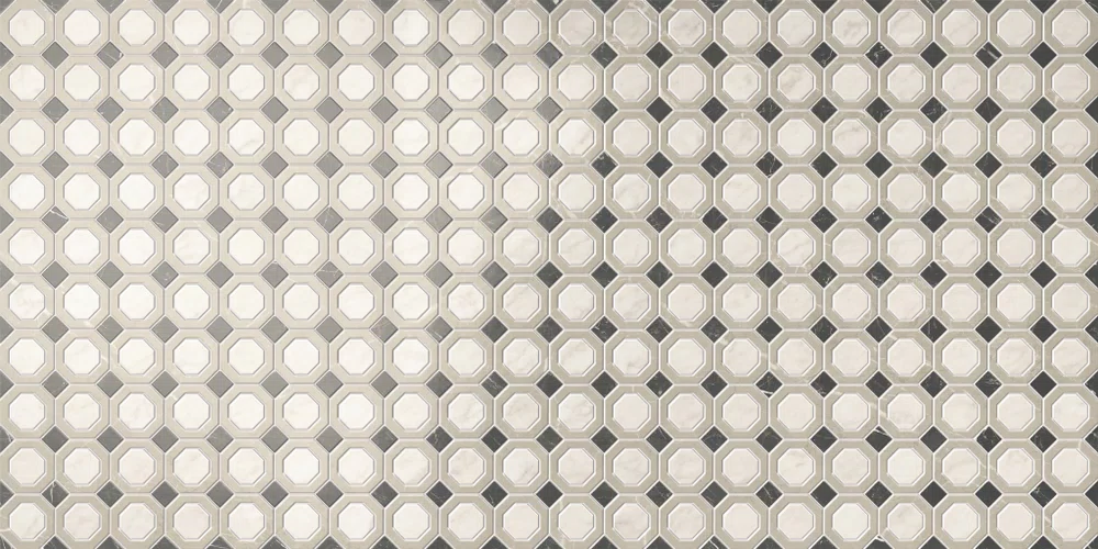 Piastrella Bon Ton Octagon di Gardenia&Ariana in multicolore, finitura Antique 3D, 60x120, spessore 8.5 mm.