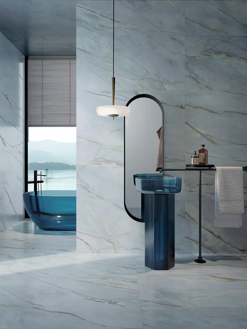 Marble-effect tiles in grey, white, green tones, from the Sensi Nuance collection by ABK.