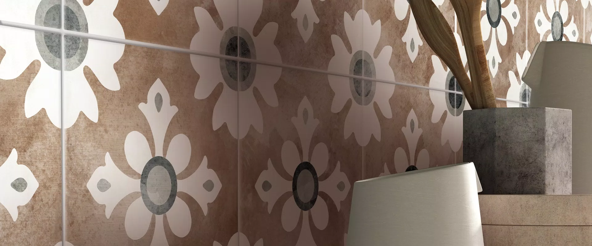 Serene kitchen featuring Play decorative-effect tiles by ABK in multicolour tones.