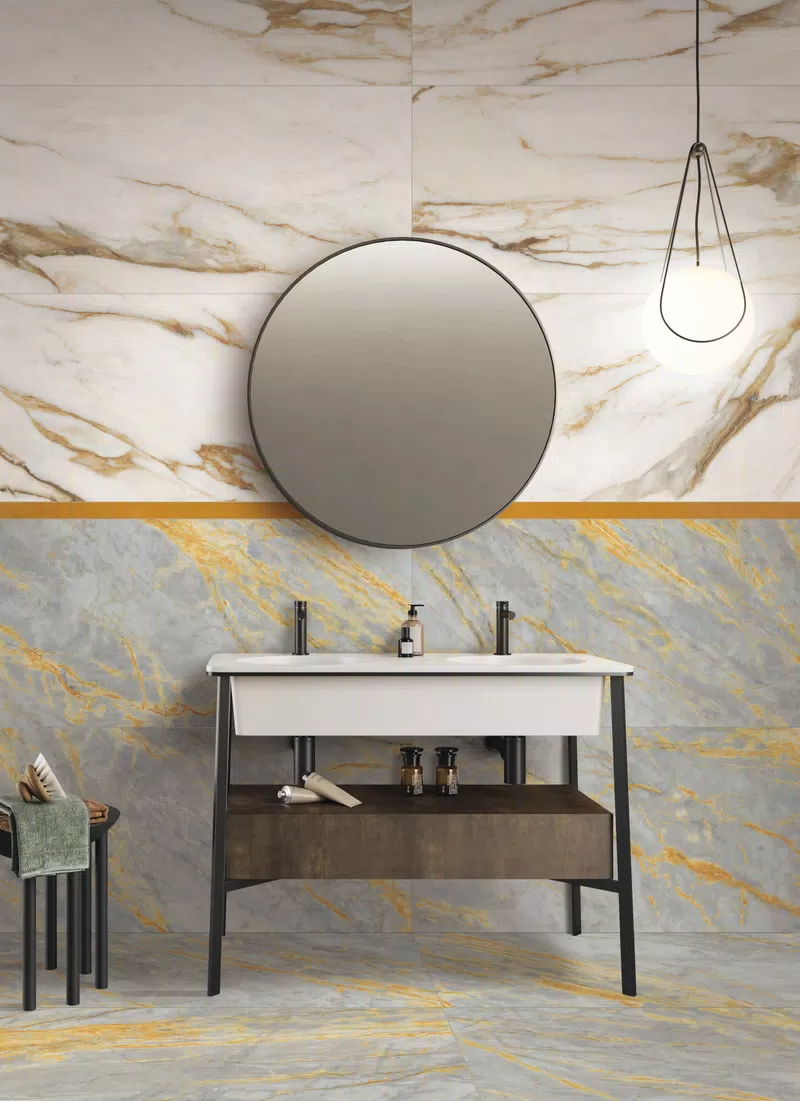 SENSI SIGNORIA GRIGIO SIENA 60X120 LUX_LIST.COLORFUL OCHRE 5X120_CALACATTA VENA ORO 60X120 LUX