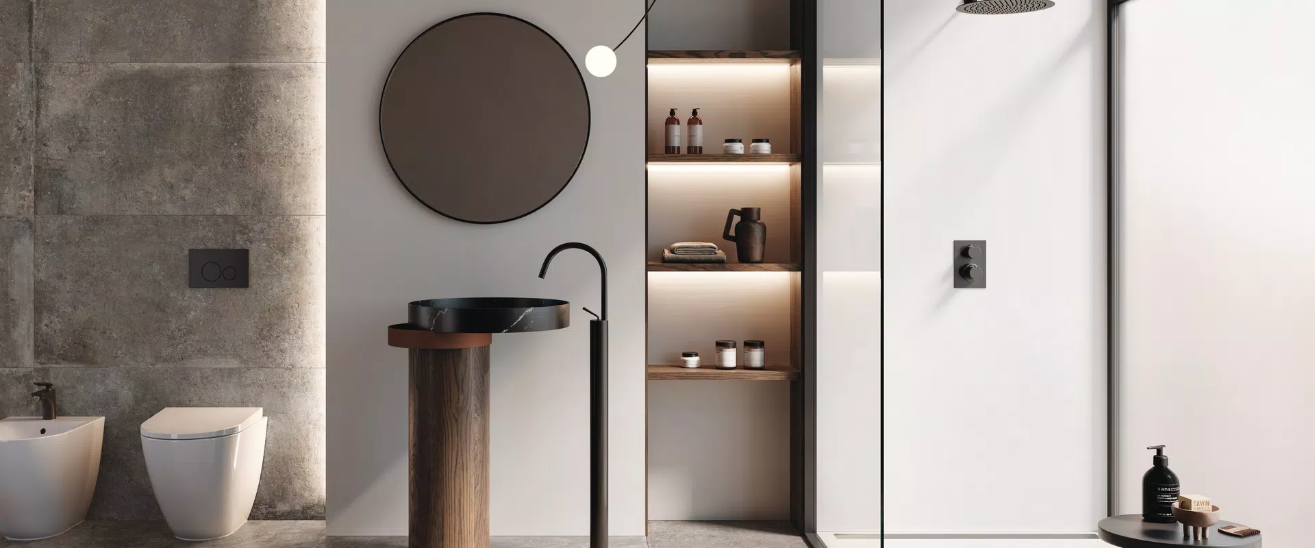 Collection Re_Tour par Flaviker : carreaux effet pierre dans les tons beige, blanc, gris.