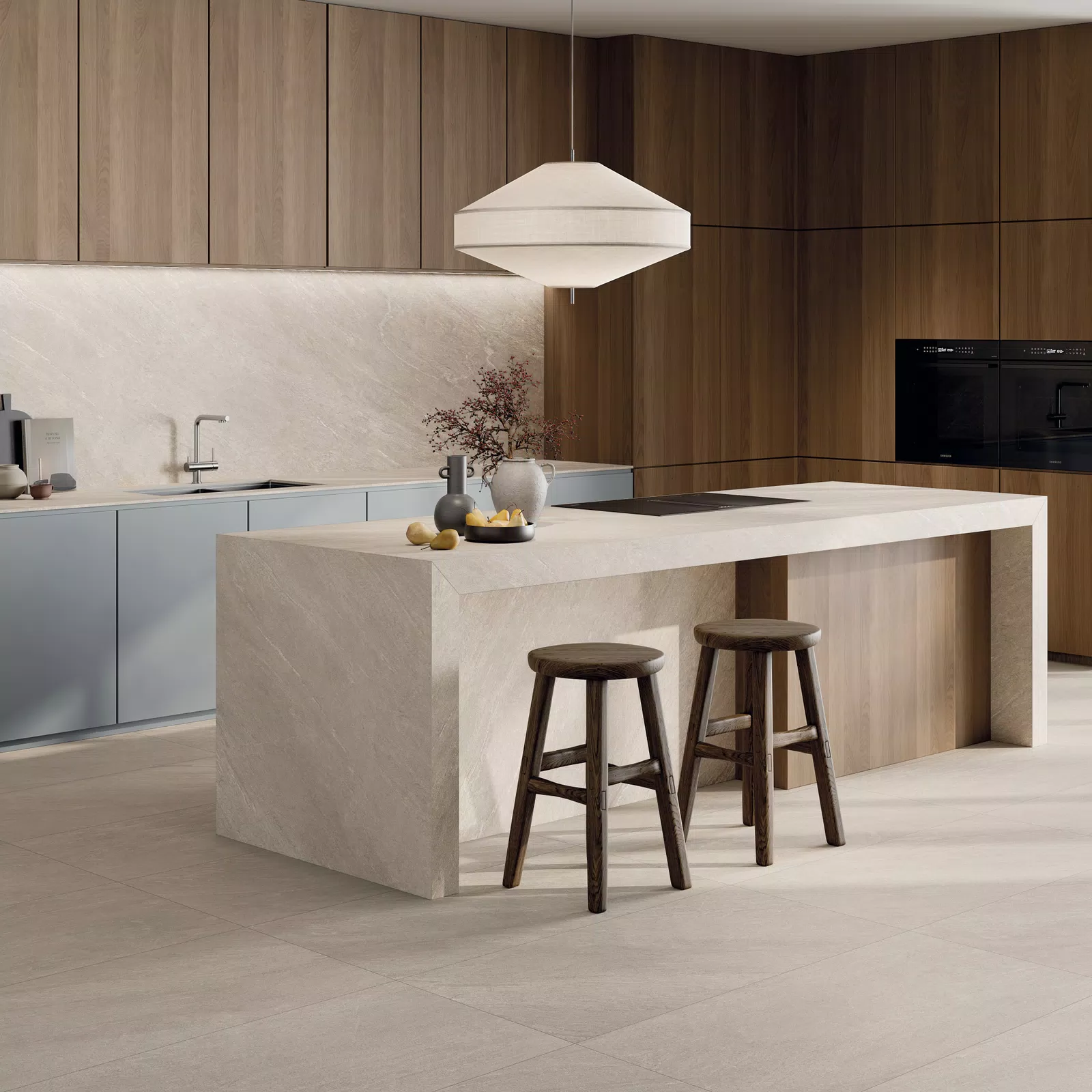 Piastrelle effetto pietra nei toni beige, bianco, grigio, dalla collezione Cliff di ABK.